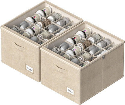 Shoe Organizer for Closet, 2 Pack Sturdy Shoe Storage Bins with Clear Cover, Fits 16-32 Pairs, Foldable Shoe Storage Box with Reinforced Handles (Beige, 19.7 * 15.7 * 12.6in)