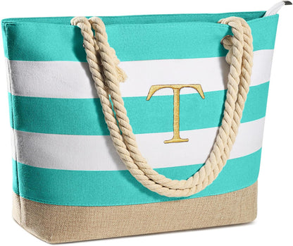 YOOLIFE Initial Canvas Waterproof Beach Tote Bag Zipper Personalized Gifts for Women Her Birthday Travel Beach Essential