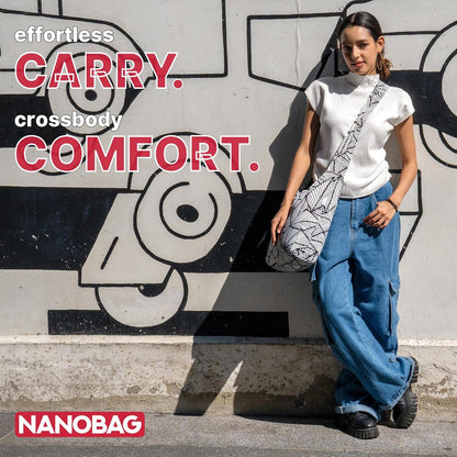 Nanobag Ultra-Lightweight Foldable Sling for Women & Men, Reusable Grocery & Travel Bag, Packable Collapsible Compact Market Crossbody (Sling Black)
