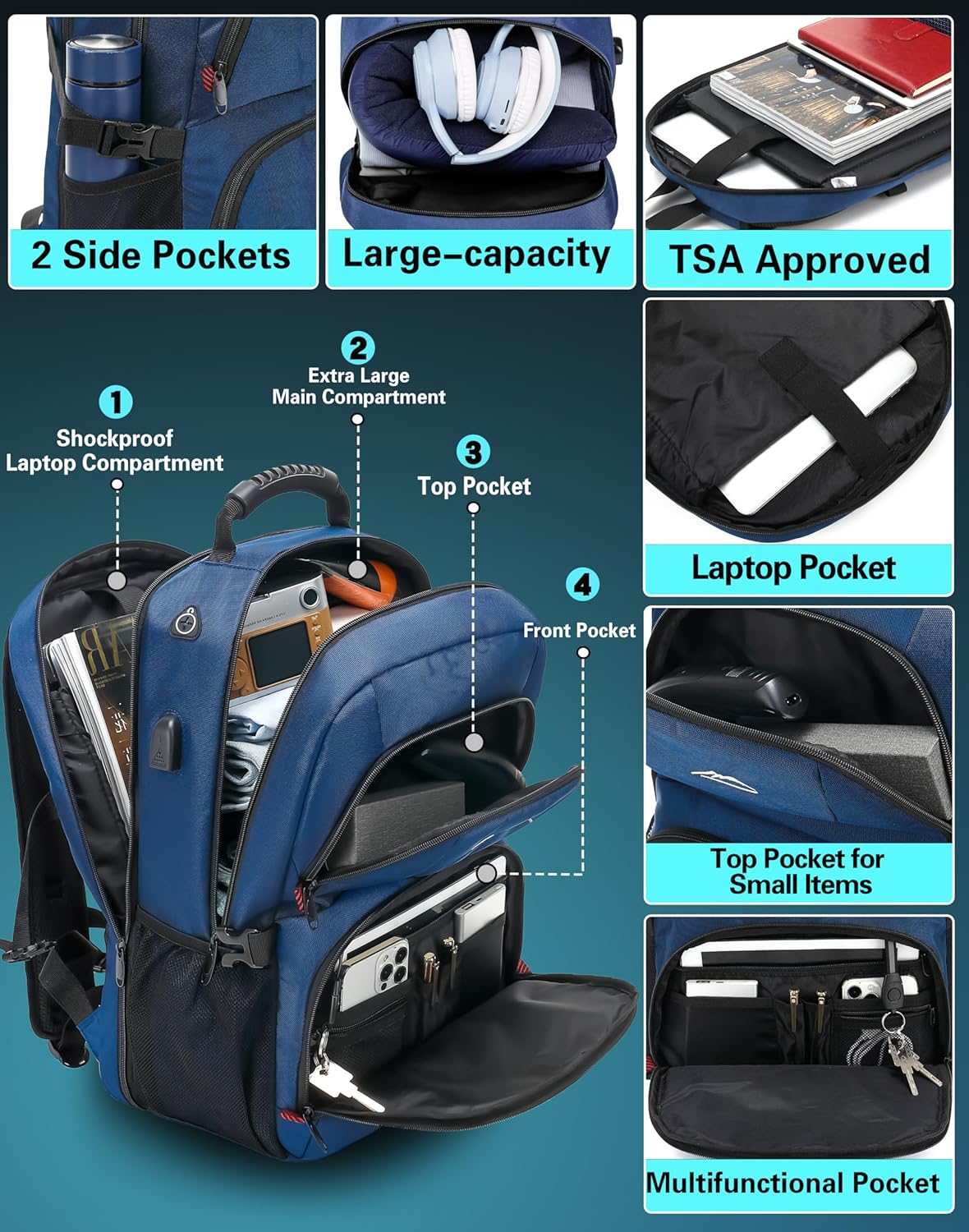 ProEtrade Travel Backpack, Extra Large Laptop Backpack School Business Anti Theft TSA Approved College Work Computer Bag Fits 17 Inch Laptop with USB Charging Port Bookbag for Women Men(Blue)