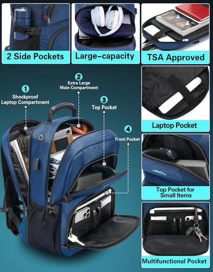 ProEtrade Travel Backpack, Extra Large Laptop Backpack School Business Anti Theft TSA Approved College Work Computer Bag Fits 17 Inch Laptop with USB Charging Port Bookbag for Women Men(Blue)