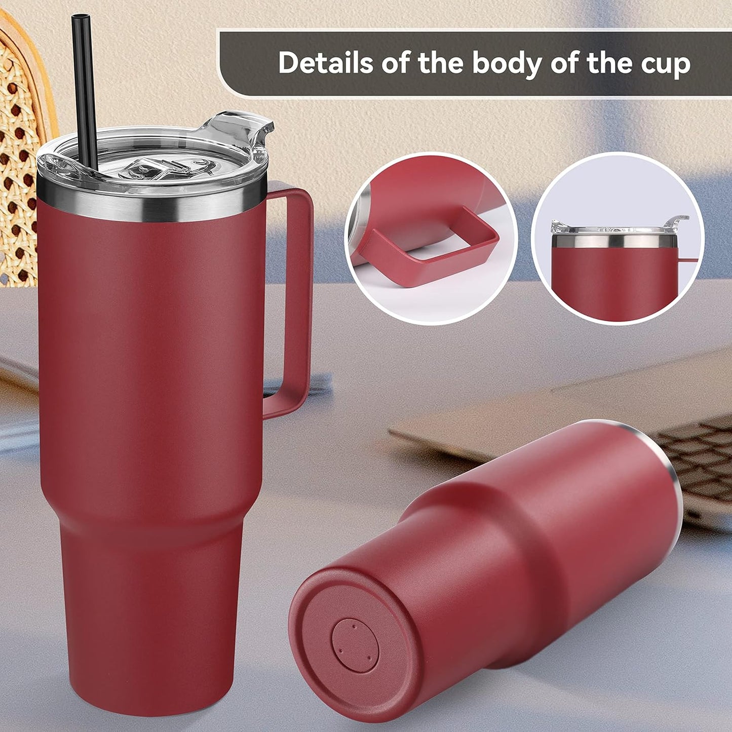 HASLE OUTFITTERS 40 oz Stainless Steel Tumbler with Handle, Vacuum Insulated Tumblers Bulk, Reusable Double Wall Travel Coffee Mug, Durable Powder Coated Water Bottles(Wine Red, 4)