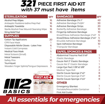 M2 BASICS Premium 321 Piece First Aid Kit - First Aid Kit for Home, Car, Business, Office, School, Travel, Camping, Outdoors - Emergency Medical Supplies, Durable Portable Hard Case