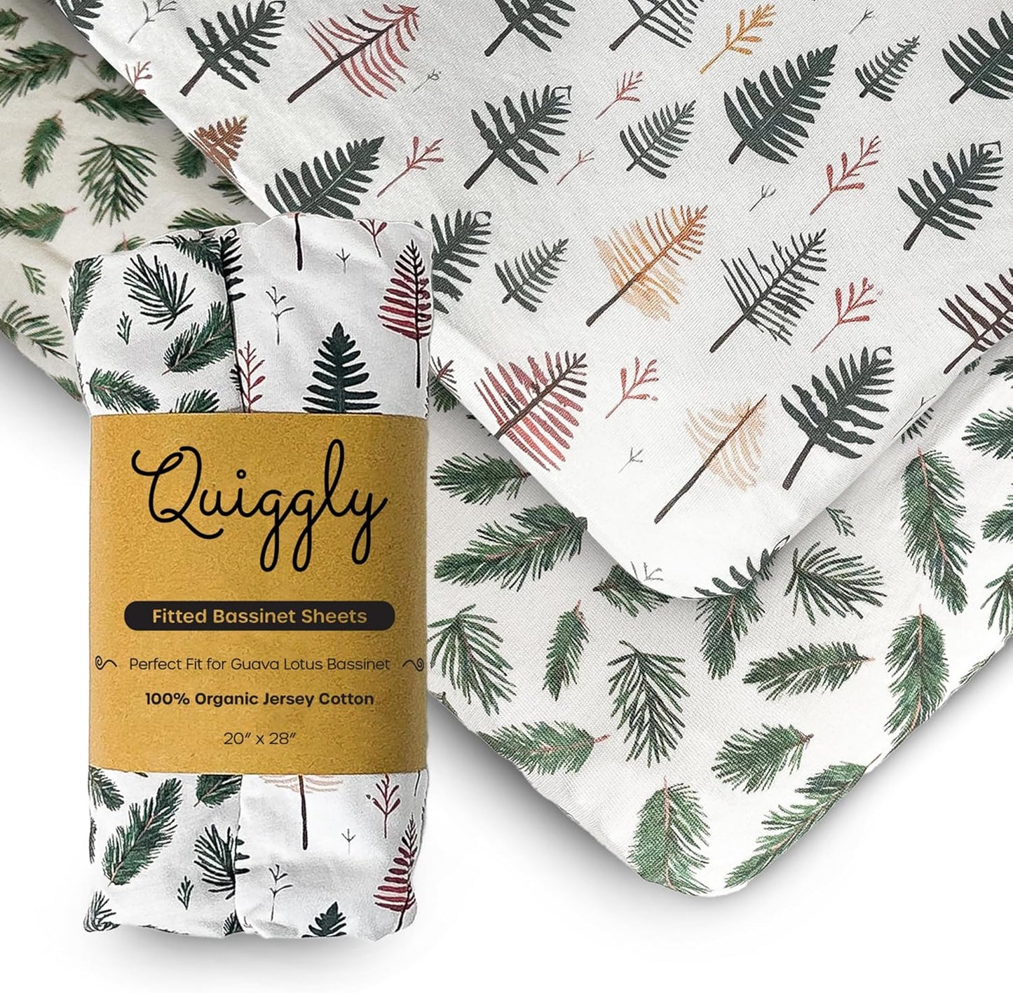 Quiggly Bassinet Sheets for Guava Lotus, 2 Pack Organic Cotton Jersey Knit, Vibrant Forrest Tree Patterns - Fits Travel Crib Mattresses for Boys & Girls (Bassinet, Whispering Woodland)