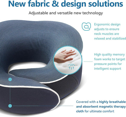 Orthopedic Neck Pillow Travel Neck Pillows for Airplanes, Memory Foam Kit, Updated Resting Material, Airplane Travel Set with 3D Contoured Eye Masks, Earplugs, and Luxury Mesh Bag (Blue)