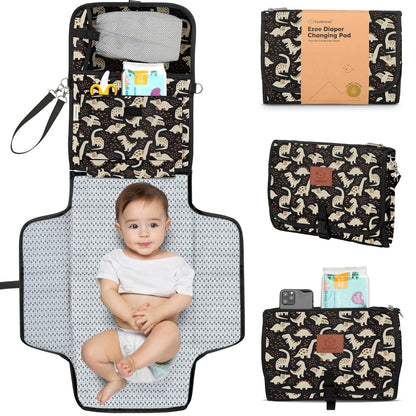 KeaBabies Portable Diaper Changing Pad - Large Waterproof Baby Changing Mat, Compact Travel Diaper Clutch, Functional Pockets Fit Newborn Essentials, Wipeable & Padded Baby Changer (Dino Ridge)