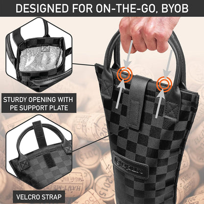 opux Wine Bag Single Bottle Carrier Tote, Insulated Travel Wine Cooler Bag for Picnic Beach Gift, Thermal Padded Portable One Bottle Holder Carrying Case for Women Men Wine Lovers, Black Square