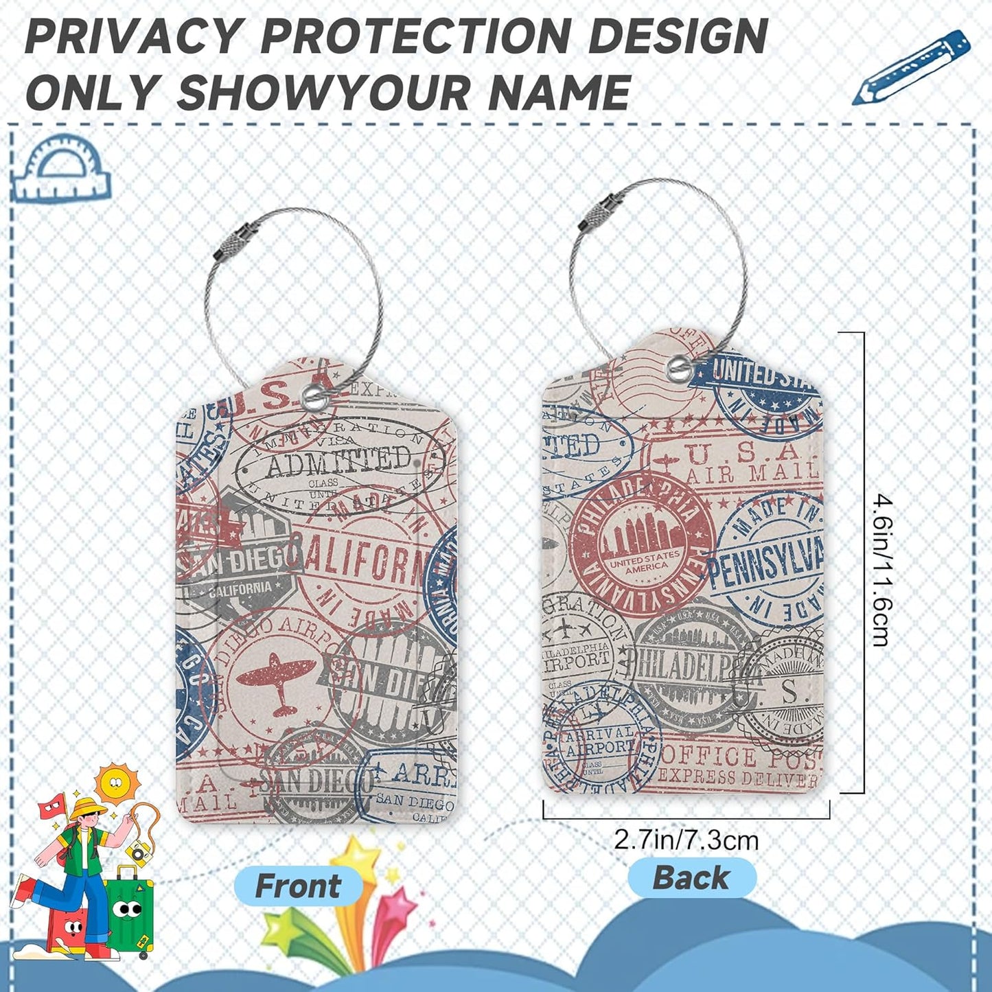 Set of 2 Luggage Tags for Suitcases, Leather Passport Travel Stamps Baggage Tags with Stainless Steel Loop, Privacy Name ID Card Cover Kawaii Travel Labels for Women Men Kids Girls