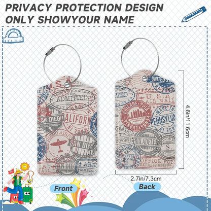 Set of 2 Luggage Tags for Suitcases, Leather Passport Travel Stamps Baggage Tags with Stainless Steel Loop, Privacy Name ID Card Cover Kawaii Travel Labels for Women Men Kids Girls
