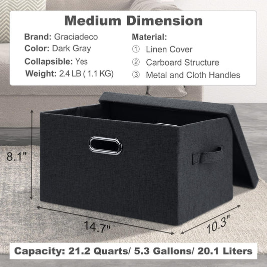 Medium 15" 21 Quart Collapsible Stackable Storage Bins with Lids, 5 Packs Dark Gray Foldable Fabric Closet Storage Boxes with Lids, Lidded Heavy-duty Linen Baskets(15x11x8)