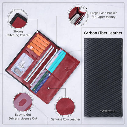 VISOUL Mens Leather Long Checkbook Bifold Wallets with RFID Blocking, Carbon Fiber Leather Tall Wallets for Men (Black+Burgundy)