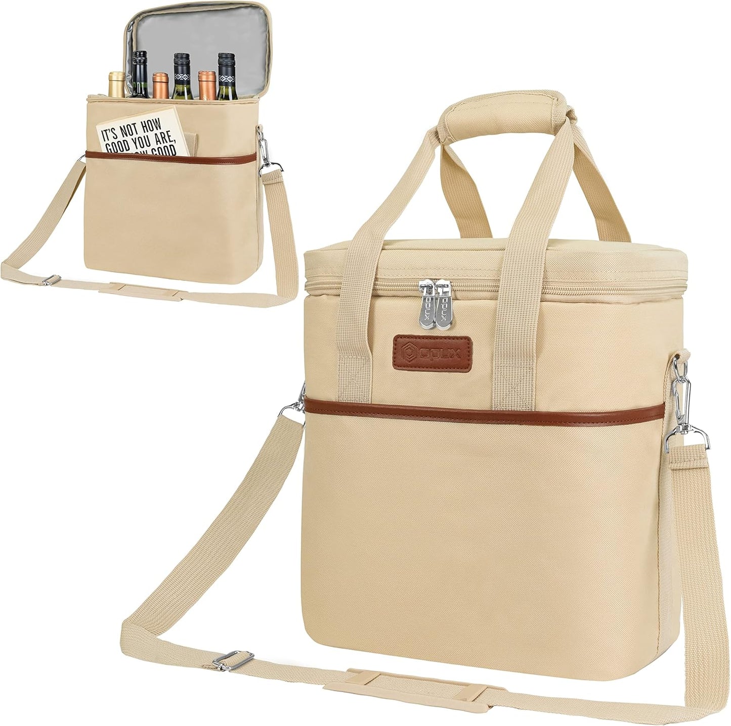 Opux 6 Bottle Carrier Tote | Insulated Padded Cooler Bag for Travel, Picnic, BYOB | Portable Leakproof Wine Tote for Dinner, Party, Christmas, Gift for Women, Men (Cream Beige)