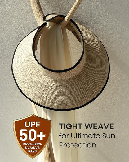 Womens Sun Visor Hats Wide Brim Straw Beach Hat UV Protection Ponytail Packable Beach Vacation Essentials