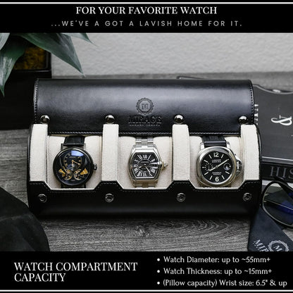 Watch Roll Cases for Men - Watch Travel Case - Storage and Display 3 slots - Jade Black/Ivory White interior Vegan Leather