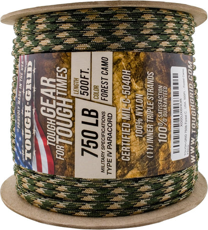 TOUGH-GRID 750 Paracord Rope Nylon Parachute Cord, Made in USA Survival Kit, Outdoor Adventures, Camping, Tactical Gear & Emergency Supplies, Military Type IV Mil-Spec