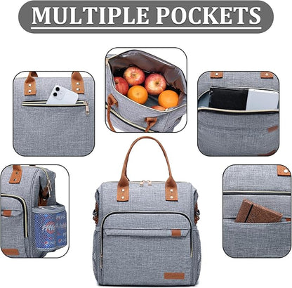 TuErCao Adult Lunch Box - Insulated Lunch Bag Women for Work, Soft Cooler for Beach Travel Picnic, Ladies Lunch Tote Bag for Office, Grey