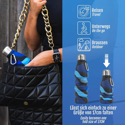 Foldable Drinking Bottle - BPA-free, leak-proof - Ideal festival accessory and practical outdoor companion with carabiner (Dark blue)
