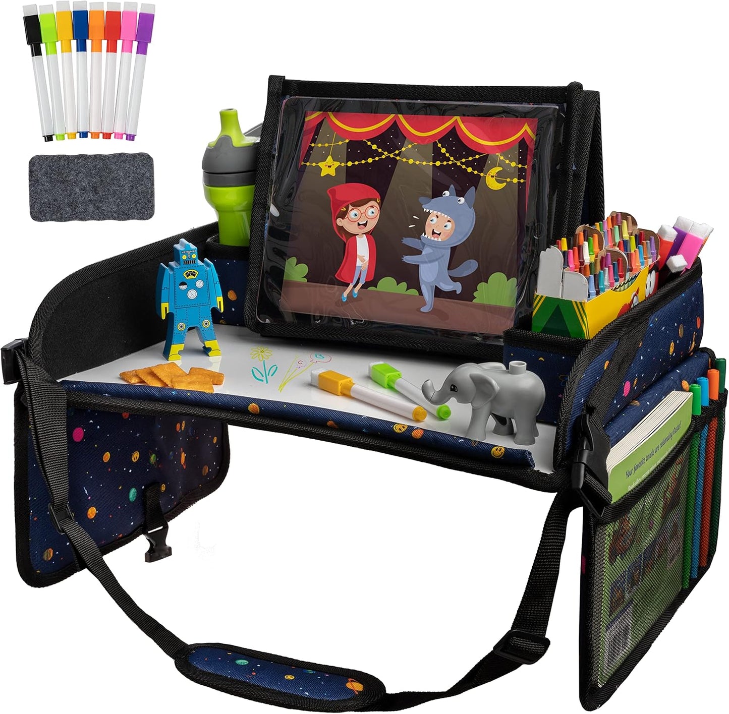 Lusso Gear Car Seat Activity Tray - 600D Oxford Cloth, Planets - Toddler Lap Tray for Kids with Tablet Holder, Dry Erase Top, Mesh Pockets & Cup Holder - Travel Accessories & Airplane Seat Organizer
