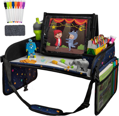 Lusso Gear Car Seat Activity Tray - 600D Oxford Cloth, Planets - Toddler Lap Tray for Kids with Tablet Holder, Dry Erase Top, Mesh Pockets & Cup Holder - Travel Accessories & Airplane Seat Organizer