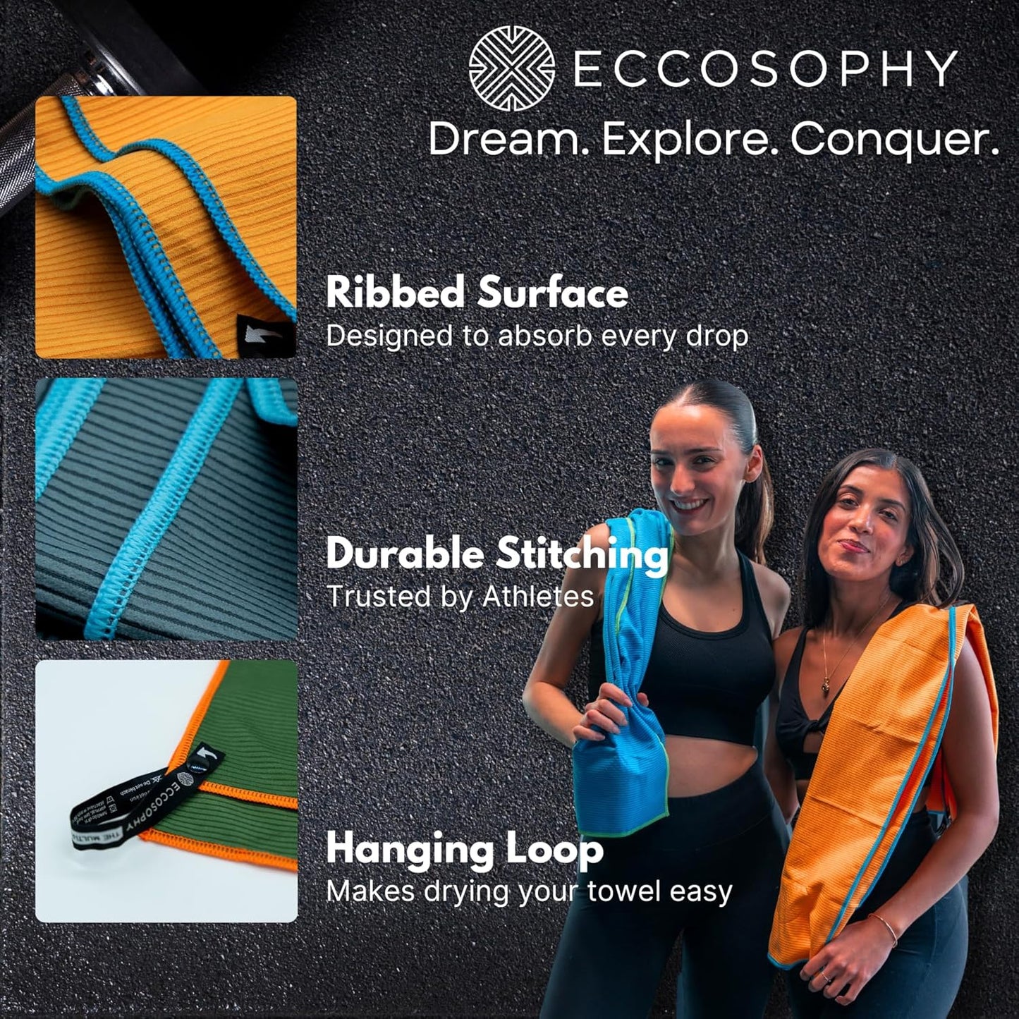 ECCOSOPHY Microfiber Beach Towel – Quick Dry Gym Towel, Highly Absorbent with Ribbed Texture, Lightweight – Ideal for Travel, Pool, Yoga, Fitness & Outdoor Adventures – 40x20 Charcoal