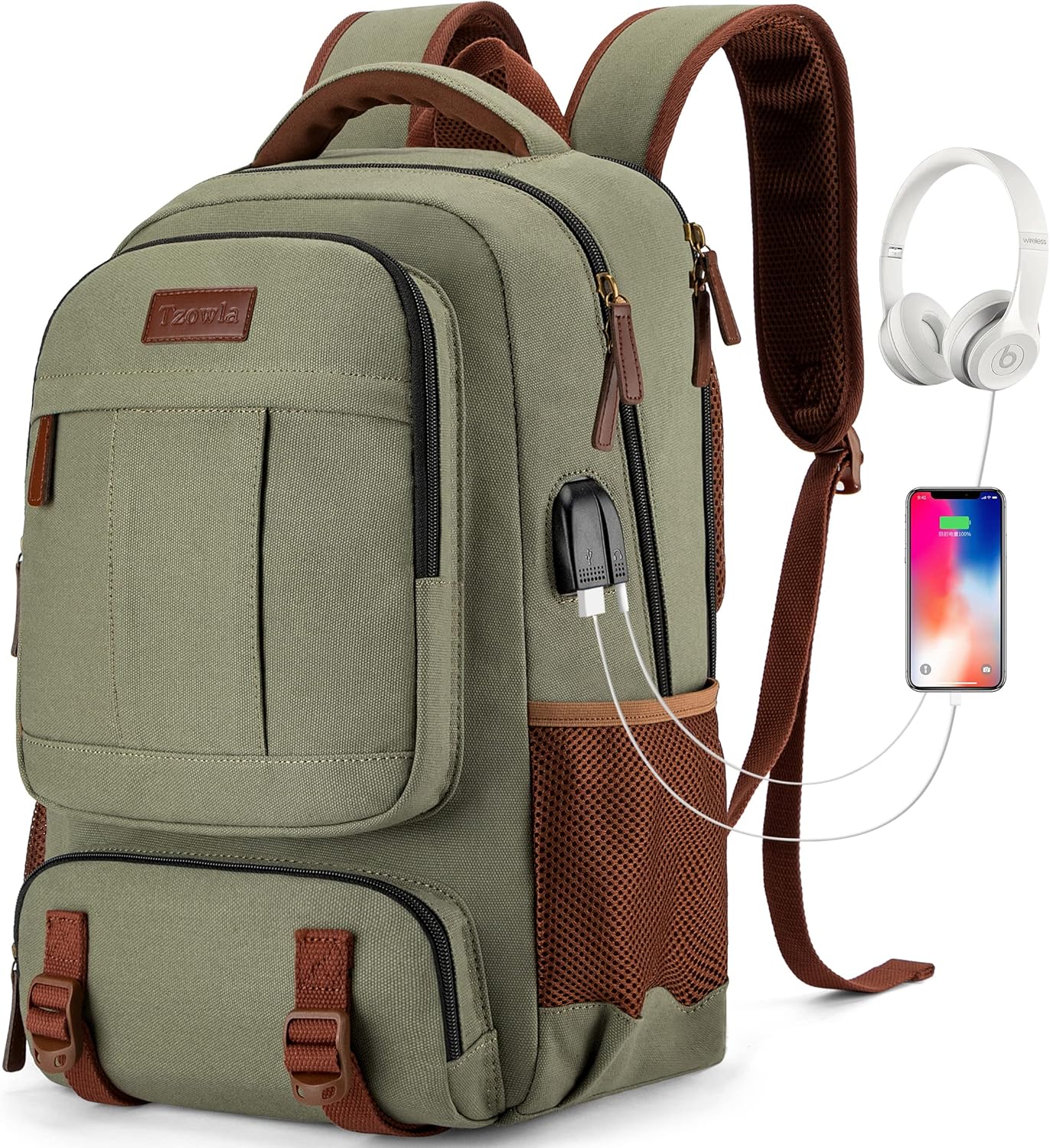 Tzowla Canvas Laptop Backpack, Bag for Men Women,Travel Work Rucksack Fits 17.3 Inch Laptop, Bookbag with USB Charging Port