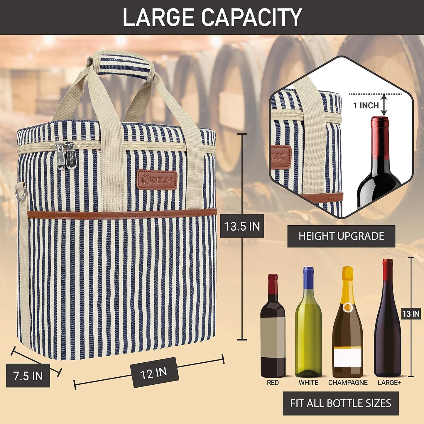 opux 6 Bottle Carrier Tote | Insulated Padded Wine Cooler Bag for Travel. Picnic, BYOB | Portable Leakproof Wine Tote Bag for Dinner, Party, Christmas, Wine Gift for Women, Men (Stripe Navy)