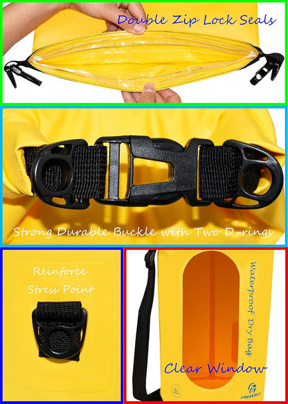 Freegrace Waterproof Dry Bags Set of 3 Dry Bag with 2 Zip Lock Seals & Detachable Shoulder Strap, Waist Pouch & Phone Case - Can Be Submerged Into Water - for Swimming (Yellow(Window), 10L)