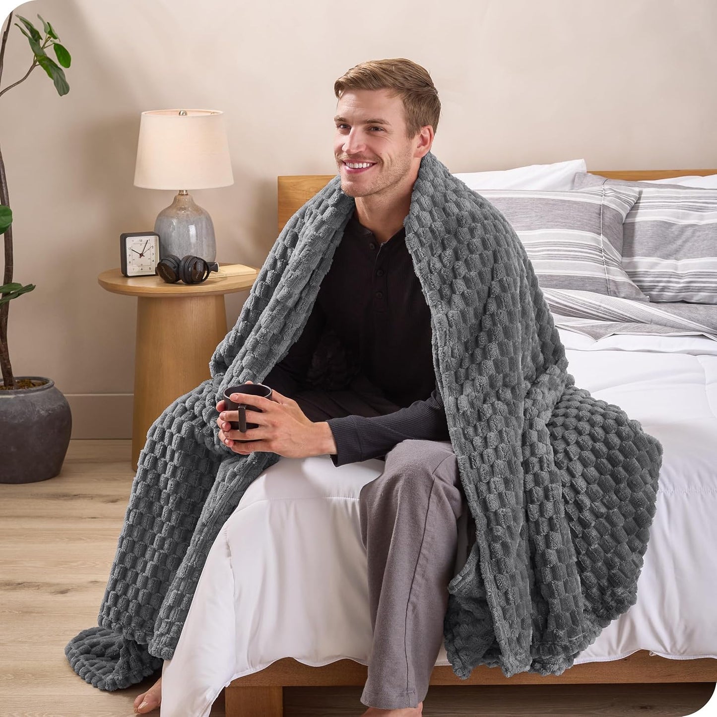 Bare Home Textured Fleece Blanket - Throw/Travel - Ultra-Soft Lightweight for Bed, Sofa, and Couch - Luxury Microplush - Cozy Warm Blanket (Throw/Travel, Waffle Grey)