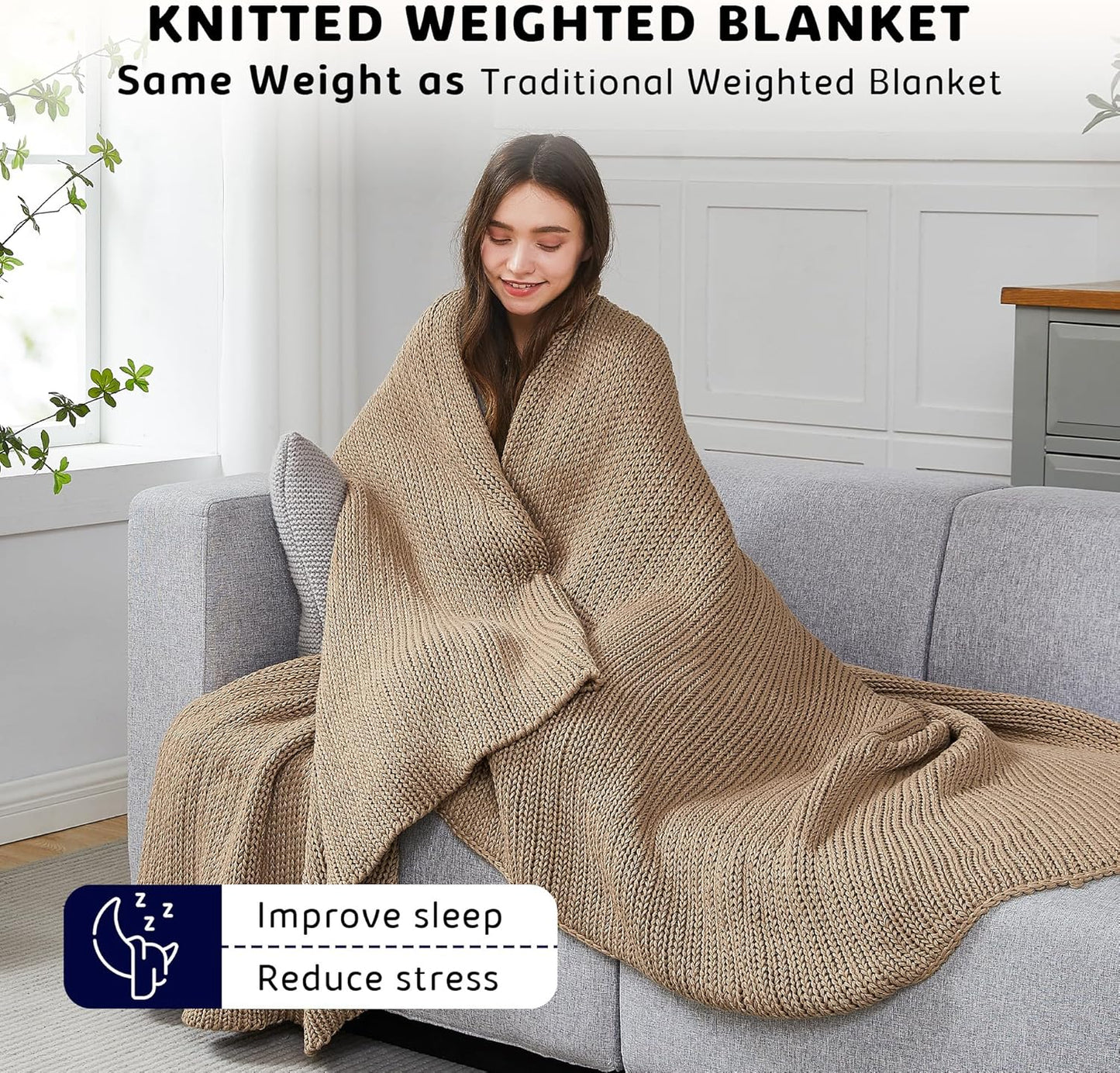 L'AGRATY Knitted Weighted Blanket - 50"x60" 10lbs Cooling Chunky Knit Heavy Blanket for Adults Braided Crochet Throw Thick Cable Yarn Knit Decorative No Beads Evenly Weighted Machine Washable