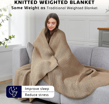 L'AGRATY Knitted Weighted Blanket - 50"x60" 10lbs Cooling Chunky Knit Heavy Blanket for Adults Braided Crochet Throw Thick Cable Yarn Knit Decorative No Beads Evenly Weighted Machine Washable
