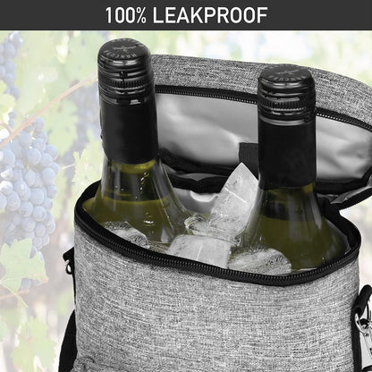 opux Wine Bag 2 Bottle Wine Tote Carrier, Insulated Wine Cooler Bag for Travel Picnic, Leakproof Portable Padded Case, Wine Gifts For Women Men Wine Lovers Christmas, Heather Gray