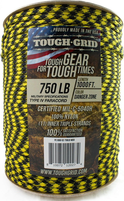 TOUGH-GRID 750 Paracord Rope Nylon Parachute Cord, Made in USA Survival Kit, Outdoor Adventures, Camping, Tactical Gear & Emergency Supplies, Military Type IV Mil-Spec