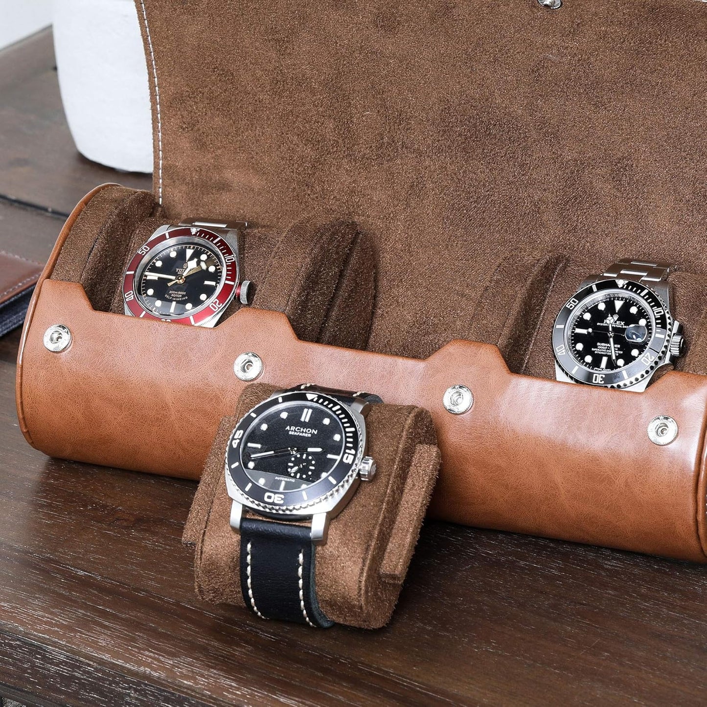 ROTHWELL Watch Roll Travel Case for 3 Watches | Tough Portable Protection, Fits All Wrist Watch & Smart Watches Up to 50mm (Tan/Brown)