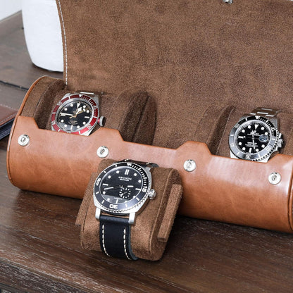 ROTHWELL Watch Roll Travel Case for 3 Watches | Tough Portable Protection, Fits All Wrist Watch & Smart Watches Up to 50mm (Tan/Brown)