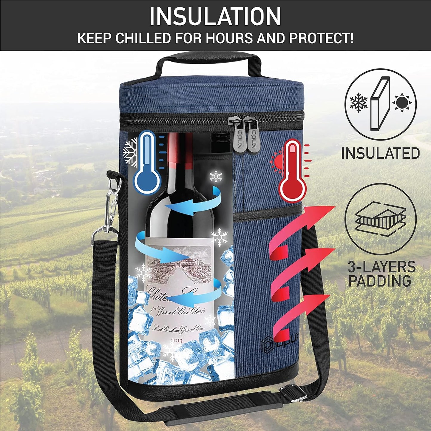 opux 2 Bottle Wine Carrier Tote, Insulated Leakproof Wine Cooler Bag, Wine Travel Bag for Picnic BYOB Beach, Portable Wine Bottle Carrying Case, Gift for Wine Lover Women Men Christmas, Navy
