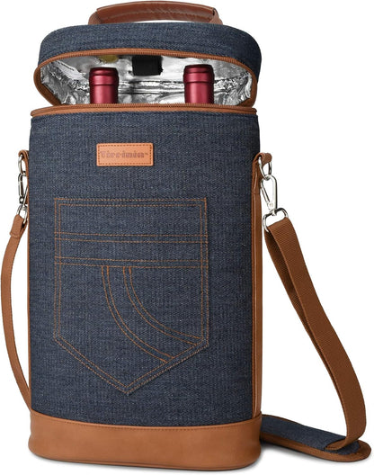 Tirrinia 2 Bottle Wine Gift Tote Carrier - Leakproof & Insulated Padded Versatile Wine Cooler Bag for Travel, BYOB Restaurant, Wine Tasting, Party, Dinner, Gift for Wine Lovers, Dark Blue