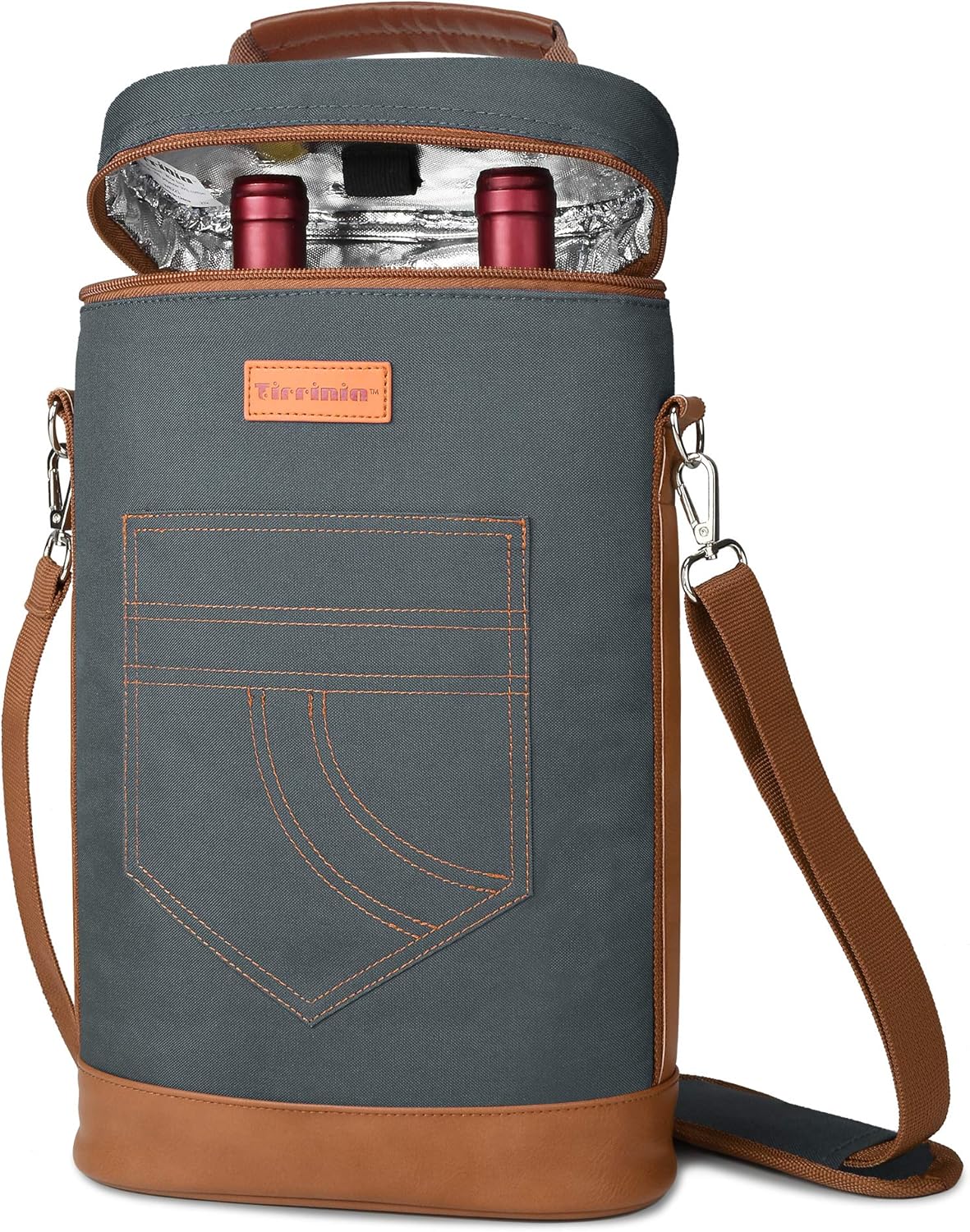 Tirrinia 2 Bottle Wine Gift Tote Carrier - Insulated & Padded Versatile Cooler Bag for Travel, BYOB Restaurant, Wine Tasting, Party, Great Gift for Wine Lover, Gray