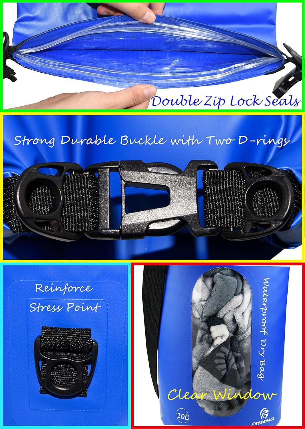 Freegrace Waterproof Dry Bags Set Of 3 Dry Bag With 2 Zip Lock Seals & Detachable Shoulder Strap, Waist Pouch & Phone Case - Can Be Submerged Into Water - For Swimming (Navy Blue(Window), 10L)