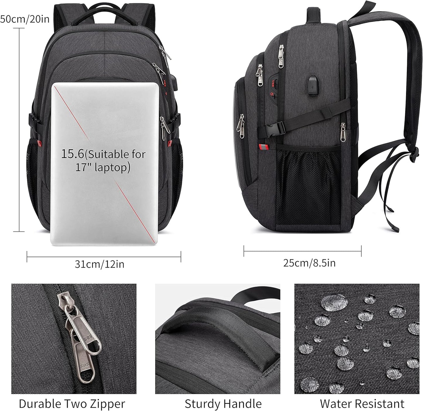 Backpack,17.3in Durable Travel Laptop Backpack, College Backpack,RFID Anti Theft Pocket Big Business Computer Bag,Water Resistant School Bookbag for Teens Men Women,Gifts Grey