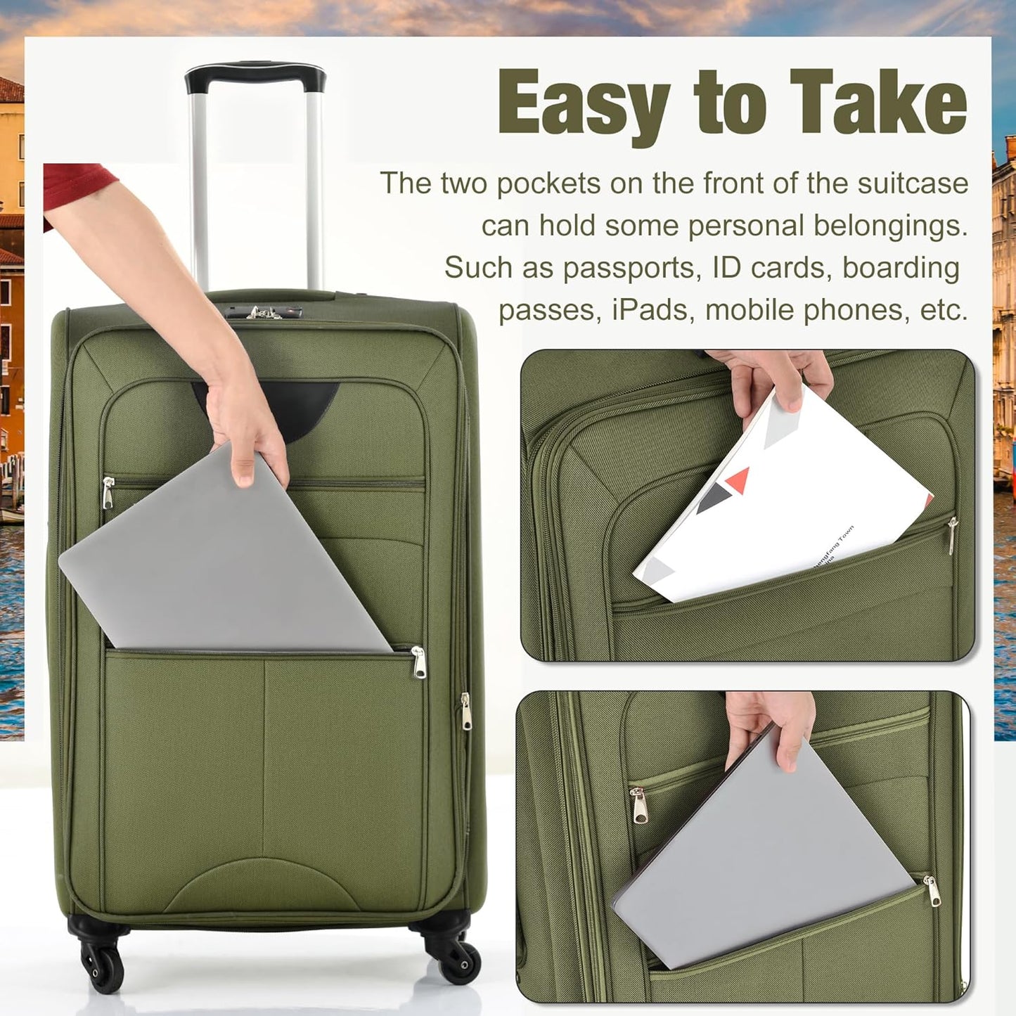 Merax Softside Luggage Set Softshell Lightweight 3 Piece Spinner Suitcase 22" 26" 30" Army Green