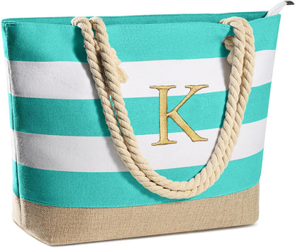 YOOLIFE Initial Canvas Waterproof Beach Tote Bag Zipper Personalized Gifts for Women Her Birthday Travel Beach Essential