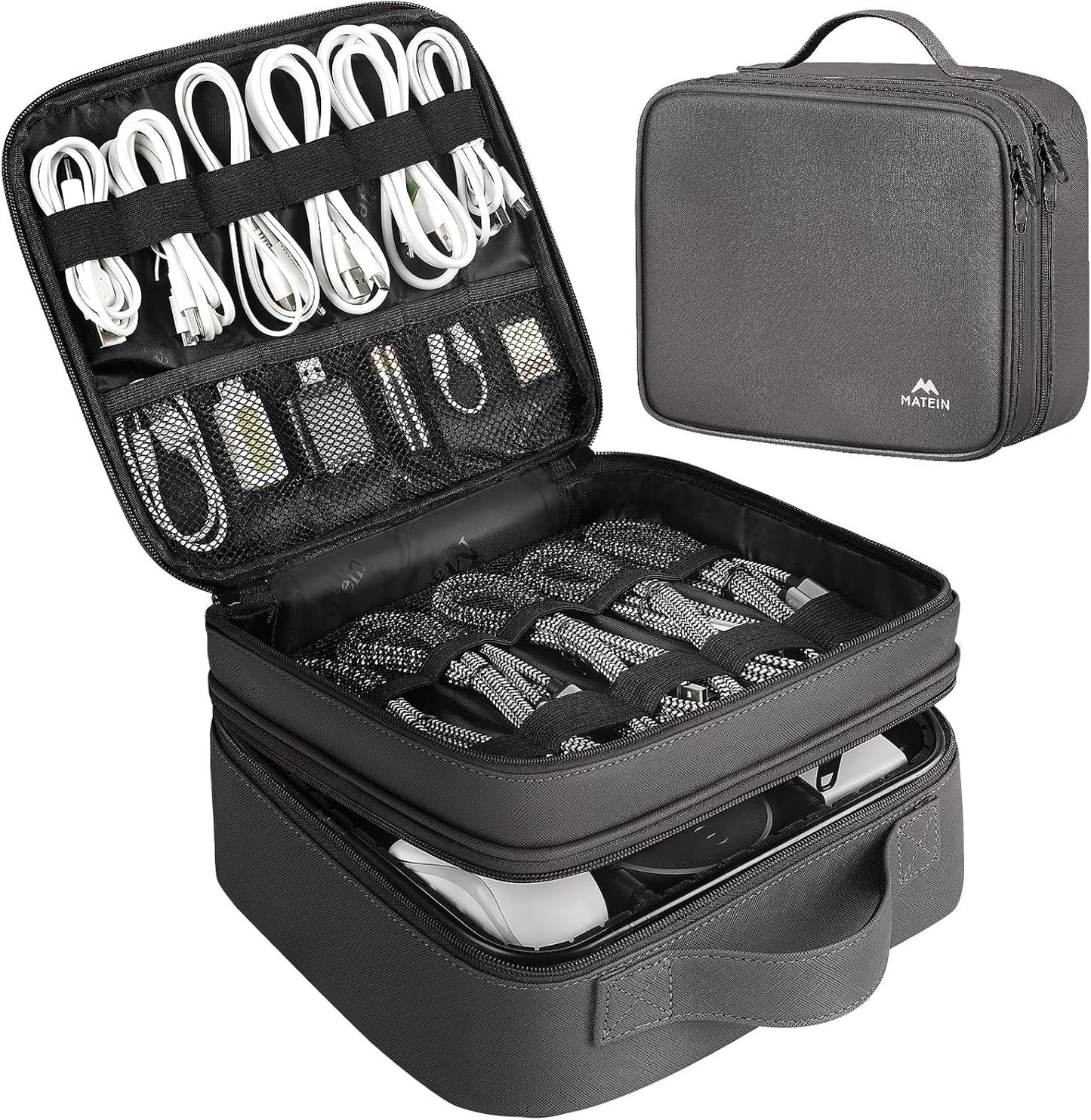 MATEIN Cord Organizer Case with Adjustable Divider, DJ Cable File Bag for Electronic Storage, USB Cable, Charger, Tech Accessories, Shockproof Portable Double Layer Cord Bags, Grey
