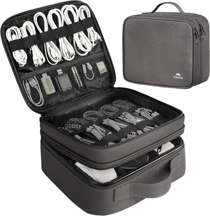 MATEIN Cord Organizer Case with Adjustable Divider, DJ Cable File Bag for Electronic Storage, USB Cable, Charger, Tech Accessories, Shockproof Portable Double Layer Cord Bags, Grey