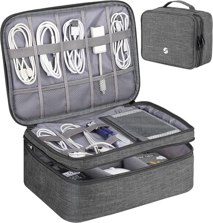 ORIENT FAMULAY Travel Organizer, Waterproof Cable Bag for Electronic Accessories Double Layer Large Shockproof Storage Bag for Cord, Hard Disk, Power Bank, Tablet -Gray