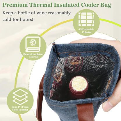 Tirrinia Single Wine Carrier Tote, Insulated Wine Cooler Bag for Travel, Picnic, & Wine Gifts – Thermal Padded Wine Bottle Holder Tote for Men & Women, Wine Gift for Wine Lovers,Blue