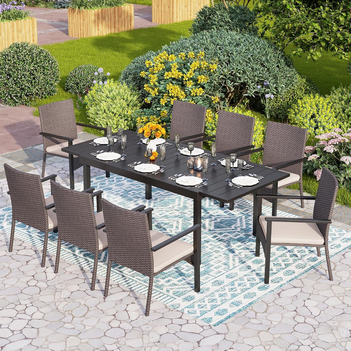 PHI VILLA Outdoor Wicker Chairs Set of 4, Rattan Covered Metal Armchairs with Removable Cushion, Heavy Duty Furniture Set for Patio, Deck, Porch, Yard