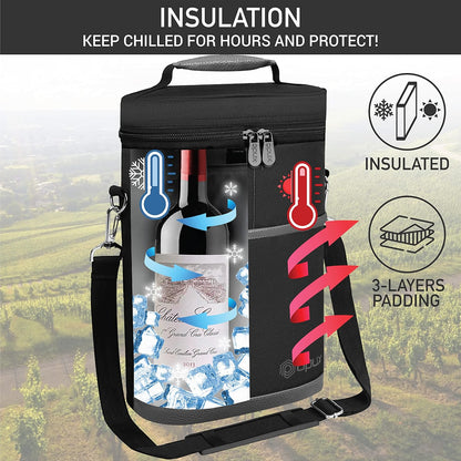 OPUX 2 Bottle Wine Carrier Tote, Insulated Leakproof Wine Cooler Bag, Wine Travel Bag Tote for Picnic BYOB Beach, Portable Wine Bottle Carrying Case, Gift for Wine Lover Women Men Christmas, Dark Grey