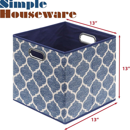 SIMPLE HOUSEWARE 13-Inch Collapsible Fabric Cube Storage Bin with Handles, Printed Design, 3 Pack, Steel Blue