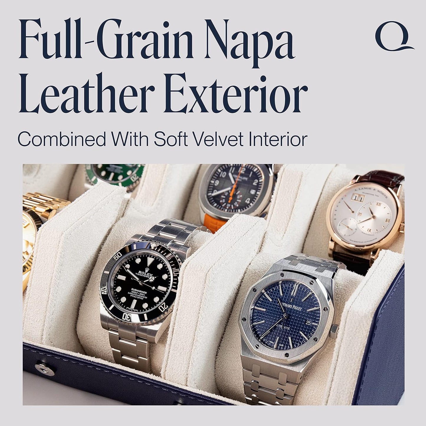 Napa Leather Watch Case for Men - Watch Roll Storage Organizer & Watch Display - Six Slot Luxury Watch Box for Home or Travel - Mens 6 Watch Holder Case (Blue Cream)