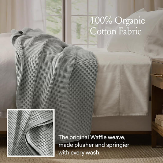 BOLL & BRANCH Waffle Bed Blanket - King/Cal King, Stone - Luxury 100% Organic Cotton - Soft, Lightweight and Breathable - Textured Waffle Weave Design